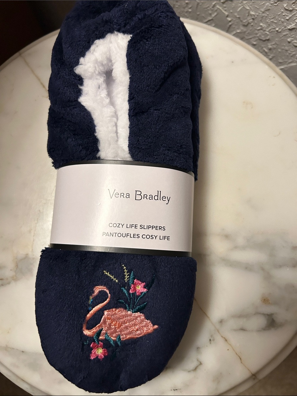 Vera Bradley Navy Slippers with Pink Flamingo Embroidery. NWT. L